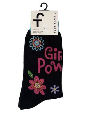 Foot Traffic Women's Girl Power Flower Print Black Pink Crew Socks Sz 4-10 NWT